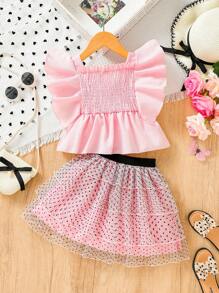 SHEIN Young Girl Summer New Gorgeous Wrap Blouse With Black Polka Dot Cake Skirt - Pink - View 1