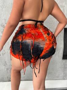 Flirla Fashionable Plus Size Women's Contrast Color Fringed Shorts
