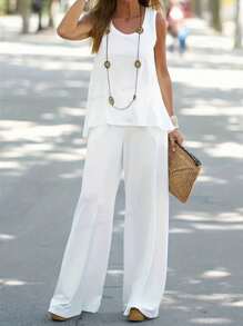 SHEIN Essnce White Asymmetrical Hem A-Line Tunic Loose Wide Leg Pants Casual Holiday Set