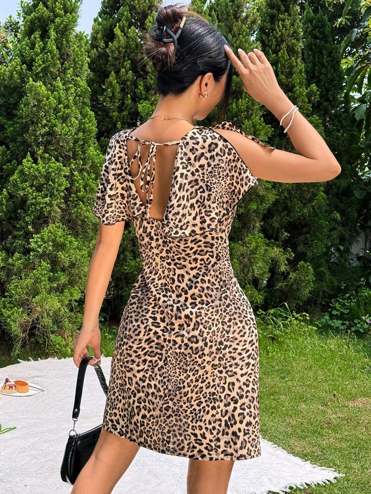 Animal Print Button Detail Flutter Sleeve Mini Tea Dress