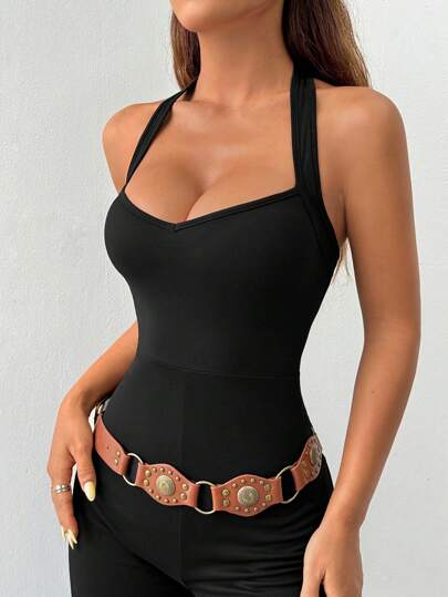 SHEIN Unity 女士夏季休閒純色露背牽襠修身喇叭褲連身褲