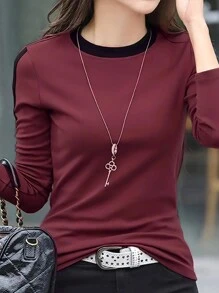 INAWLY Của phụ nữ Màu sắc Chặn Tay áo dài Áo thun - Đỏ - Xem 5