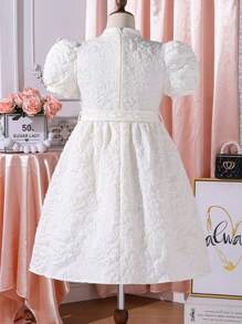 SHEIN Tween Girl zomerse elegante jurk met opstaande kraag, korte pofmouwen, bloemenjacquard en strikversieringen