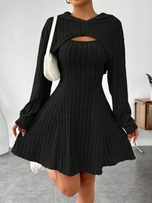 SHEIN EZwear 女士春夏季純色落肩長袖超短上衣和連衣裙休閒2件裝 - 黑色 - 查看 1