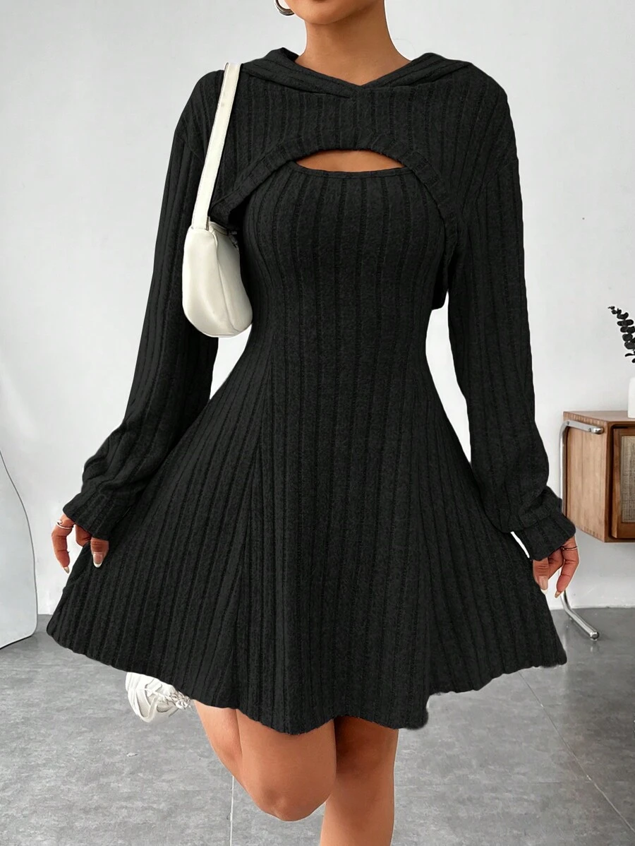 SHEIN EZwear 女士春夏季純色落肩長袖超短上衣和連衣裙休閒2件裝 - 黑色 - 查看 1