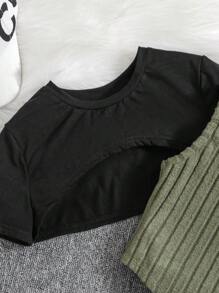 SHEIN Maglietta liscia e pantaloncini con stampa mimetica e canotta per ragazza preadolescente - nero - Visualizzare 3