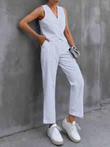RueChic Striped  Buttoned Vest & Carrot Fit Trouser - Multicolor - View 6