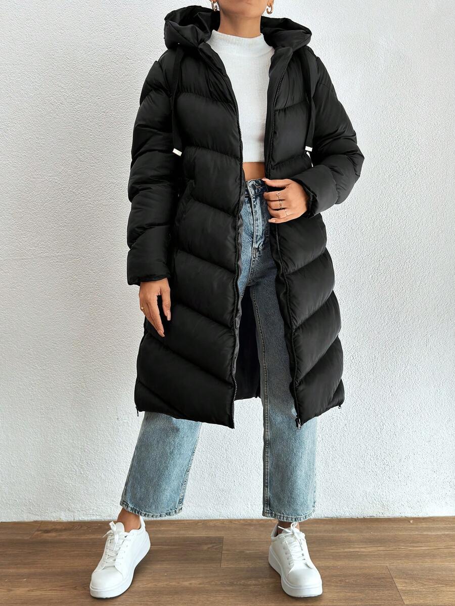 SHEIN Tall Tall  Solid Color Drawstring Hooded Zipper Decor Casual Padded Jacket - Black - View 1