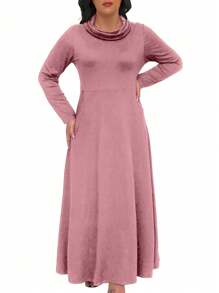 SHEIN LUNE Women Plus Size Elegant Long Dress With Turtleneck, Long Sleeve And Pockets For Spring And Summer - Pink - View 4