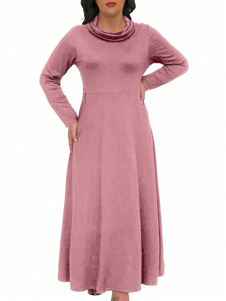 Women Plus Size Elegant Long Dress With Turtleneck, Long Sleeve And Pockets For Spring And Summer
