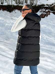 RueChic Padded Vest With Hood For Women, Contrast Metal Zipper And Snap Buttons, Warm Padding - Black - View 2