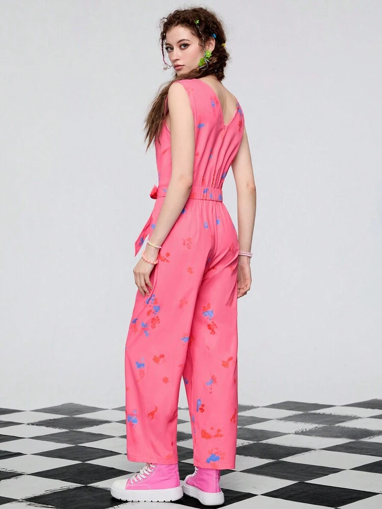 Women's Summer Graphic Print Half Button Sleeveless Jumpsuit