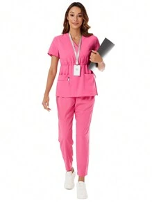 Drawstring Short Sleeve Top And Elastic Waistband Pants Scrub Uniforms Nurse Set - Pink - View 1