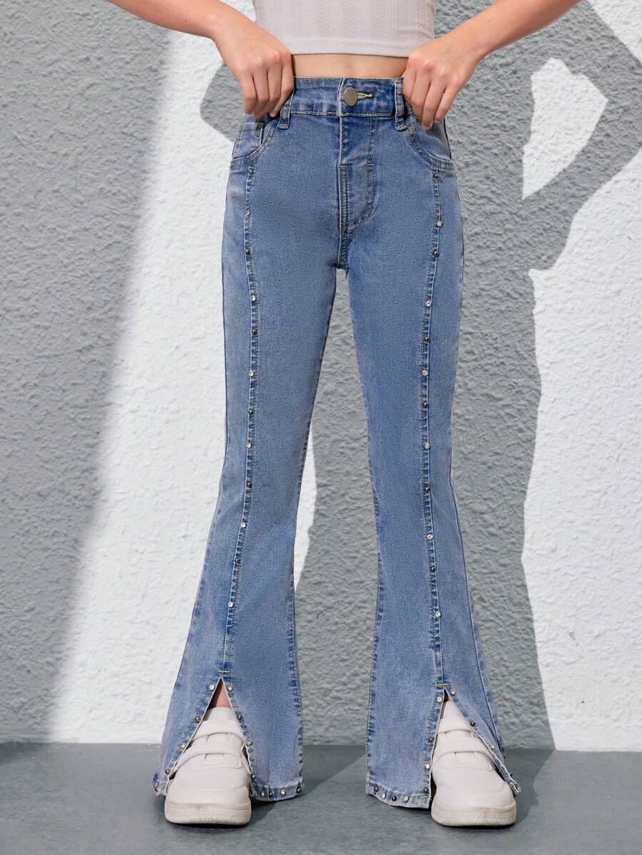 SHEIN Explorewe Tween Girl 浅蓝色珠饰弹力牛仔喇叭牛仔裤 - 淺色水洗藍 - 查看 1