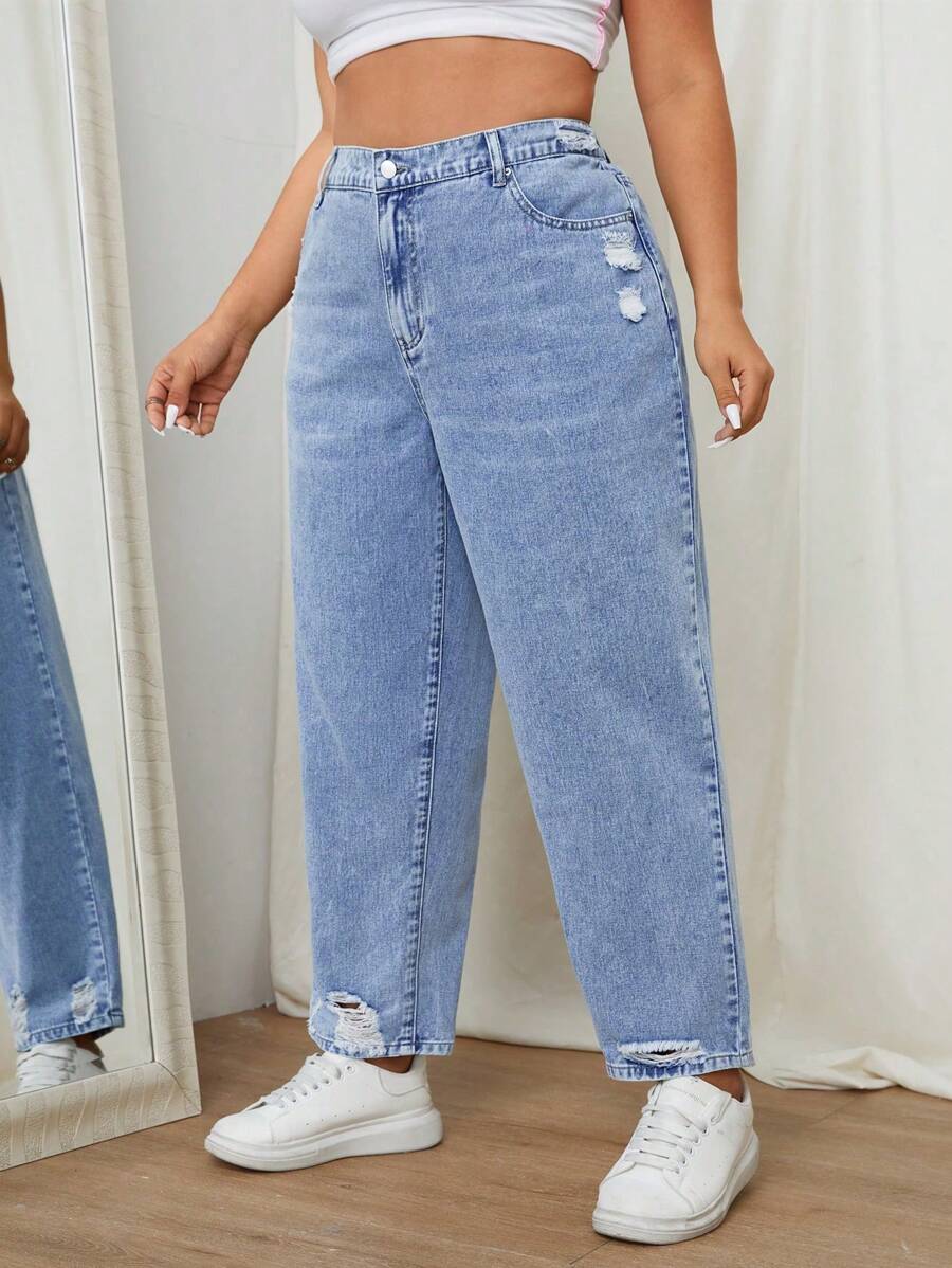 SHEIN ICON Plus Size Spring/Summer Casual Cutout Cone-Shaped Jeans - Light Wash - View 1