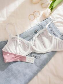 PetitDoll Women Heart-Shaped Print Color Block Bra, Kawaii