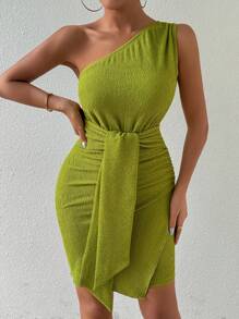 Chiquease Women Summer One-Shoulder Sleeveless Solid Color Waist-Tied Simple & Elegant Dress - Green - View 4