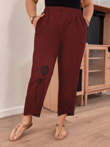 EMERY ROSE 大碼女性蒲公英印花彈性腰休閒褲帶口袋 - 酒紅色 - 查看 1