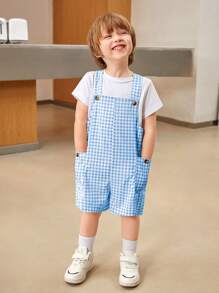 SHEIN 1pc Young Boy Casual College-Style Simple & Practical Comfortable Fashionable Soft And Breathable Overall With Straps In College Blue Plaid Fabric, Suitable For Spring And Summer Seasons. - Blue - View 1