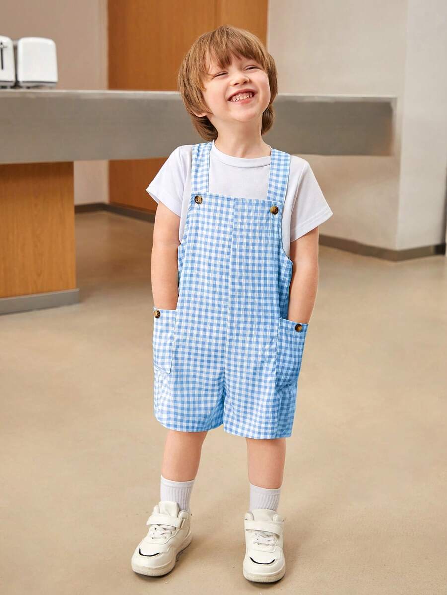 SHEIN 1pc Young Boy Casual College-Style Simple & Practical Comfortable Fashionable Soft And Breathable Overall With Straps In College Blue Plaid Fabric, Suitable For Spring And Summer Seasons. - Blue - View 1