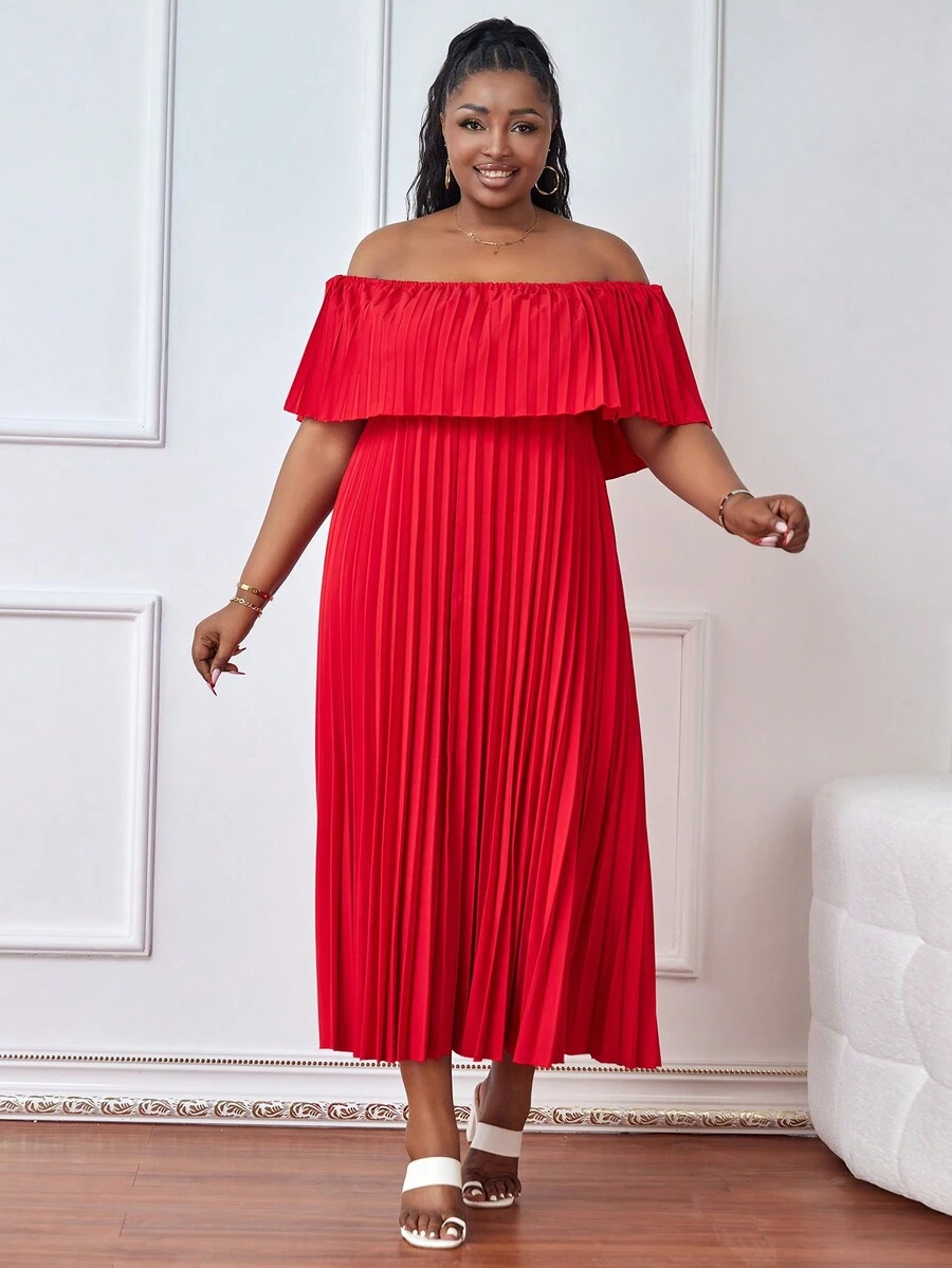 Astrid Plus Size Elegancka, plisowana sukienka w jednolitym kolorze z odkrytymi ramionami na lato - Czerwony - Zobacz 1