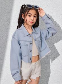 SHEIN Tween女孩基本石洗短款牛仔夾克，日常休閒穿著 - 淺色水洗藍 - 查看 1