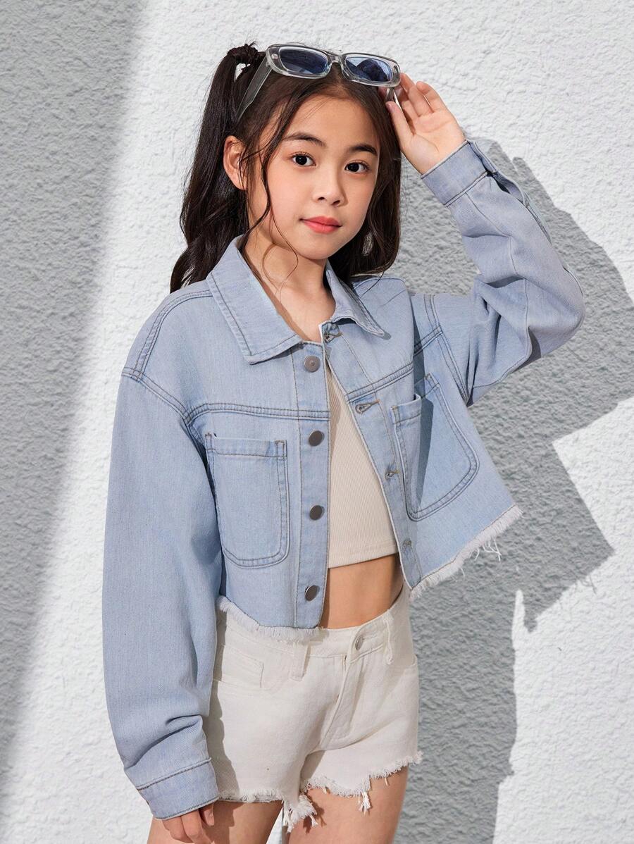 SHEIN Tween女孩基本石洗短款牛仔夾克,日常休閒穿著 - 淺色水洗藍 - 查看 1