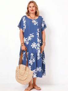 EMERY ROSE Plus Size Women's Summer Vintage Style Printed Round Neck Ripe Elegant Mom Short Sleeve Dress - Blue - View 3