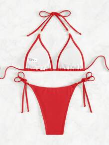 SHEIN Swim 女士夏季沙灘純色頸掛三角內衣和綁帶側邊比基尼套裝 - 紅色 - 查看 7