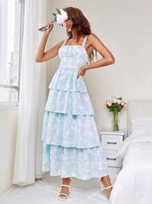 SHEIN Privé Đầm Spaghetti dây đeo nhiều tầng in hoa mùa hè dành cho nữ - Xanh và trắng - Xem 4