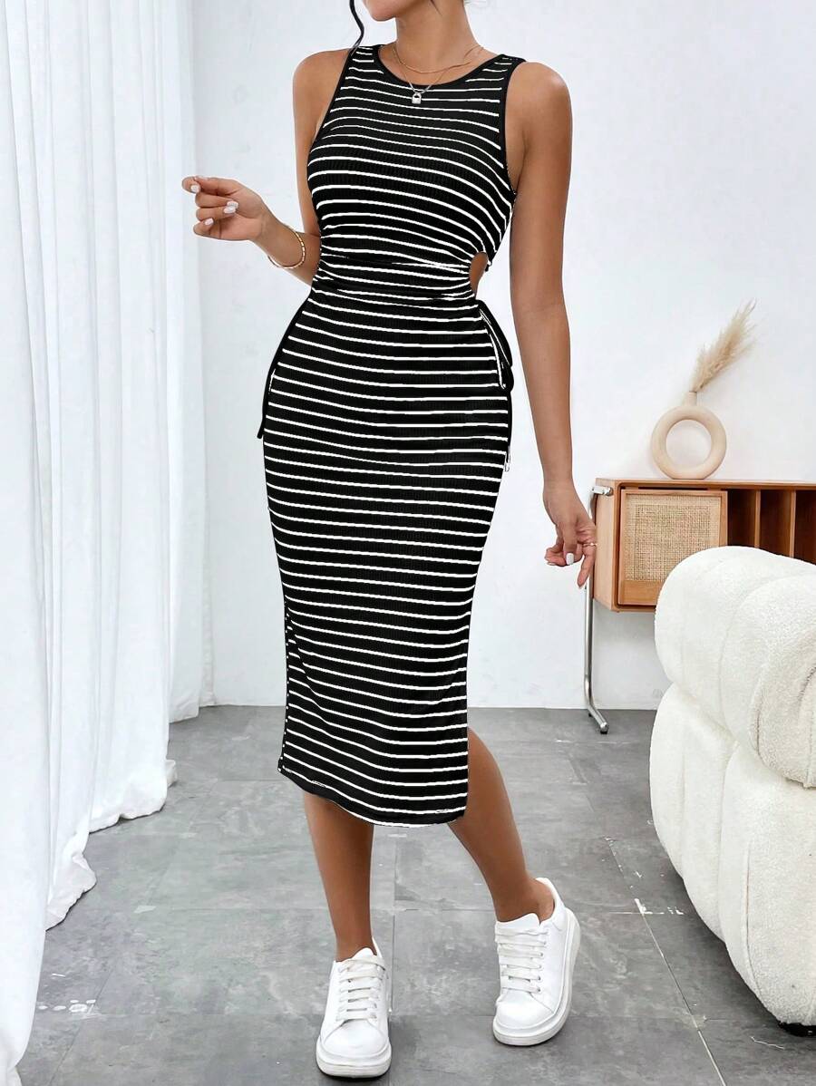 Chiquease Summer Casual Color Block Striped Side Drawstring Hollow Out Slim Sleeveless Dress - Black and White - View 1
