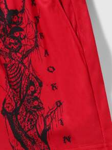 ROMWE MEN Goth Men Striped & Letter Graphic Drawstring Waist Mesh Shorts, School - Red - View 4