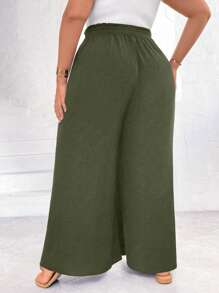 Flirla Plus Size Women Solid Color Simple And Concise Pleated Design Wide Leg Pants - Army Green - View 8