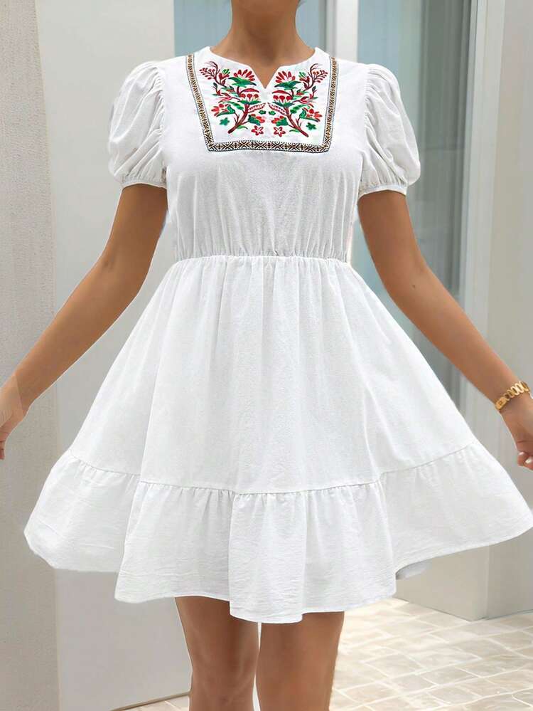 Flower Embroidery Waist-Cinching Ruffle Hem Bubble Sleeve Vacation Casual Dress Women Linen Clothes Summer Fits Cotton Women Dresses Sundress Short A-Line Dresses White Short Dress White Dress White Mini Dress