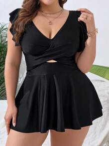 Swim Lushoire Bãi biển mùa hè Plus Size Váy áo tắm Ruffle Hem màu trơn cho kỳ nghỉ, bãi biển và hồ bơi - màu đen - Xem 4