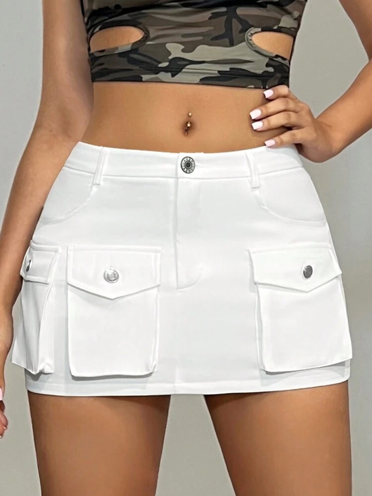 Women's Y2k Summer Casual Festival Slim Fit Mini Low Rise Workwear Mini White Skirt With Pockets