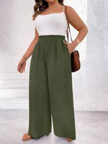 Flirla Plus Size Women Solid Color Simple And Concise Pleated Design Wide Leg Pants - Army Green - View 5