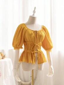 Soleia Camisa de lazer de férias feminina com mangas curtas com laço e renda. - Amarelo - Ver 3