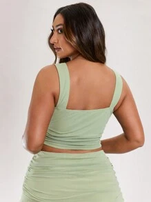 SHEIN BAE Plus Size Damski Letni Wakacyjny Odświeżający Zielony Elastyczny Siateczkowy Bez Rękawów Marszczony Uniwersalny Top Bez Ramiączek Szerokich