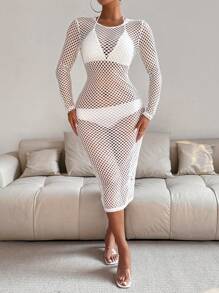 Zolique Women Plain Simple Daily Hollowed-Out Long Sleeve Dress Fall Cloth For Women - White - View 3