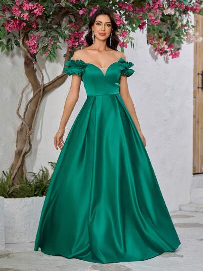 YISIKADO Women's High-End Elegant Satin Off-Shoulder Dress With Ruffles And Lace, Perfect For Banquets And Weddings