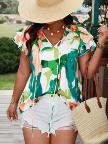 Breezaya Plus Size Vacation Style Random Printed Ruffled Sleeve Summer Boho Blouse