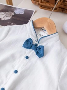 SHEIN Elegantes Gewebtes Kurzarmhemd Und Shorts Set Mit Stehendem Kragen Und Schleife Für Junge Jungen, Gentleman Stil - Verschiedenfarbig - Übersicht 8
