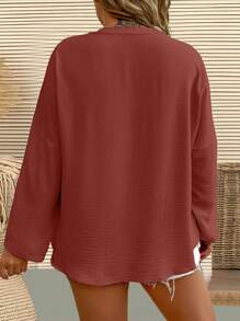 SHEIN LUNE 大尺碼純色凹口休閒襯衫 - 棕色 - 查看 2