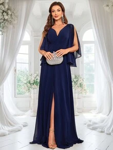 XUIBOL XUIBOL Split Sleeve V Neck Chiffon Evening Dress Elegant Women Party Dress Long Cocktail Dress Prom Mother Of The Bride Dress
