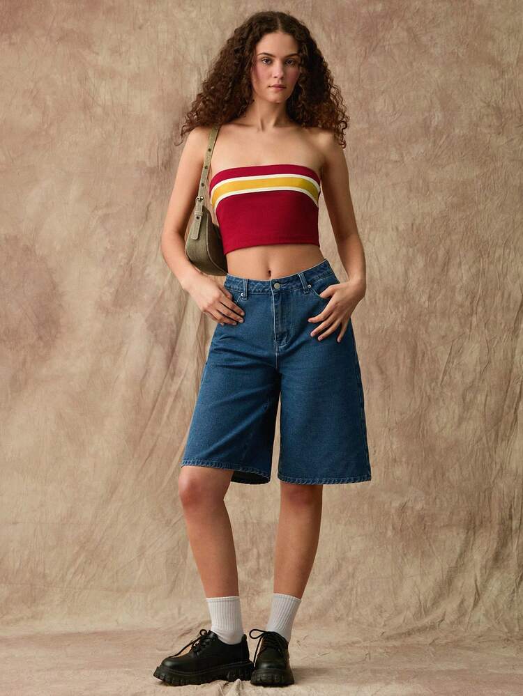 Women Summer Striped Print Cropped Strapless Slim Fit Top