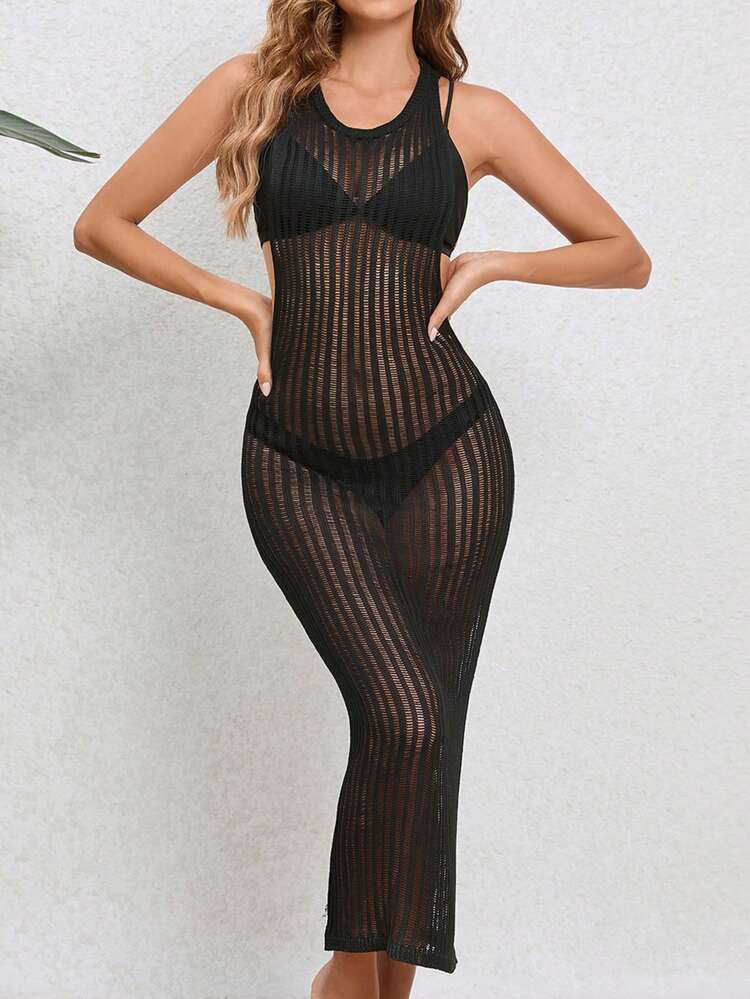 Women Hollow Out Knitted Slim Fit Sleeveless Backless Cover Up Dress For Beach Vacation Summer