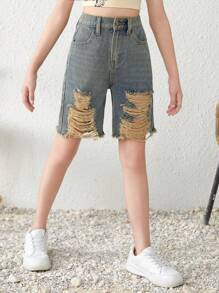 SHEIN Tween Girl Y2K Summer Casual Retro Nostalgic Street Ripped Baggy Wide Leg Denim Jeans Shorts,Girls Summer Clothes Shorts Outfits - Light Wash - View 3