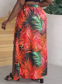 Slaydiva Plus Tropical Plant Print Double Split Thigh Hem Maxi Skirt For Vacation Style - Hot Pink - View 2