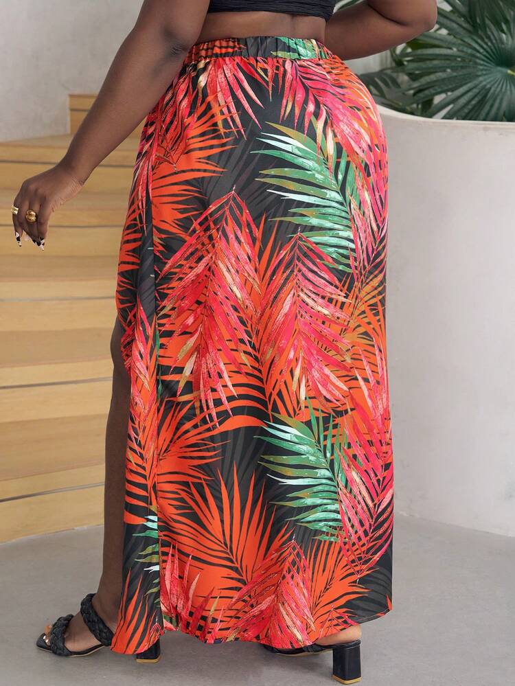 Plus Tropical Plant Print Double Split Thigh Hem Maxi Skirt For Vacation Style